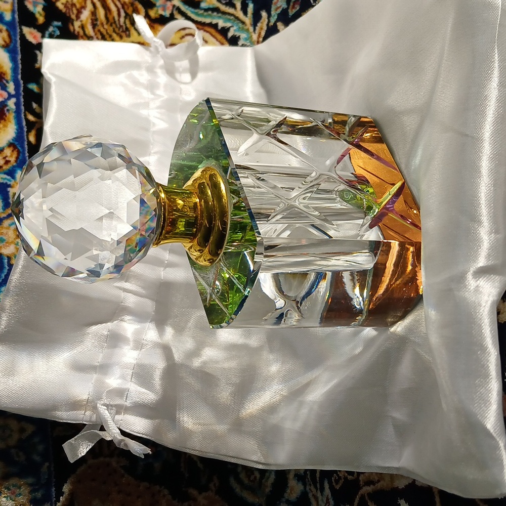 Lead Crystal Perfume Bottle Gold Trim. Elegant Crystal Perfume Bottle.